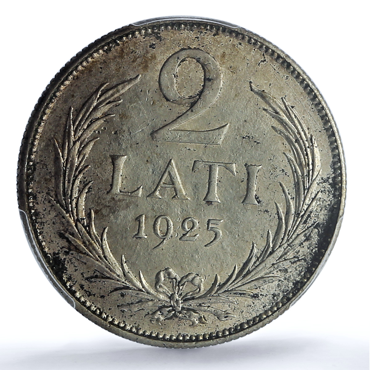 Latvia 2 lati Republic KM-8 Schon-8 Arms AU 58 PCGS silver coin 1925