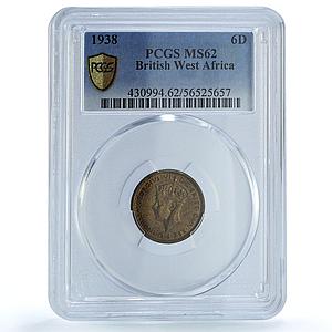 West Africa British 6 pence George VI KM-22 MS 62 PCGS NiBrass coin 1938
