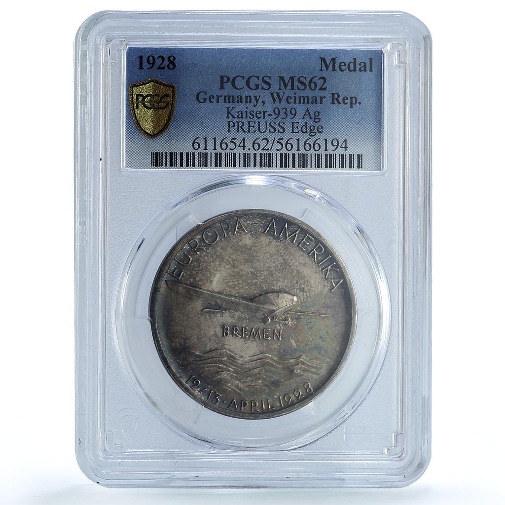 Germany Weimar Bremen Flight PREUSS Kaiser-939 Plane MS62 PCGS silver medal 1928