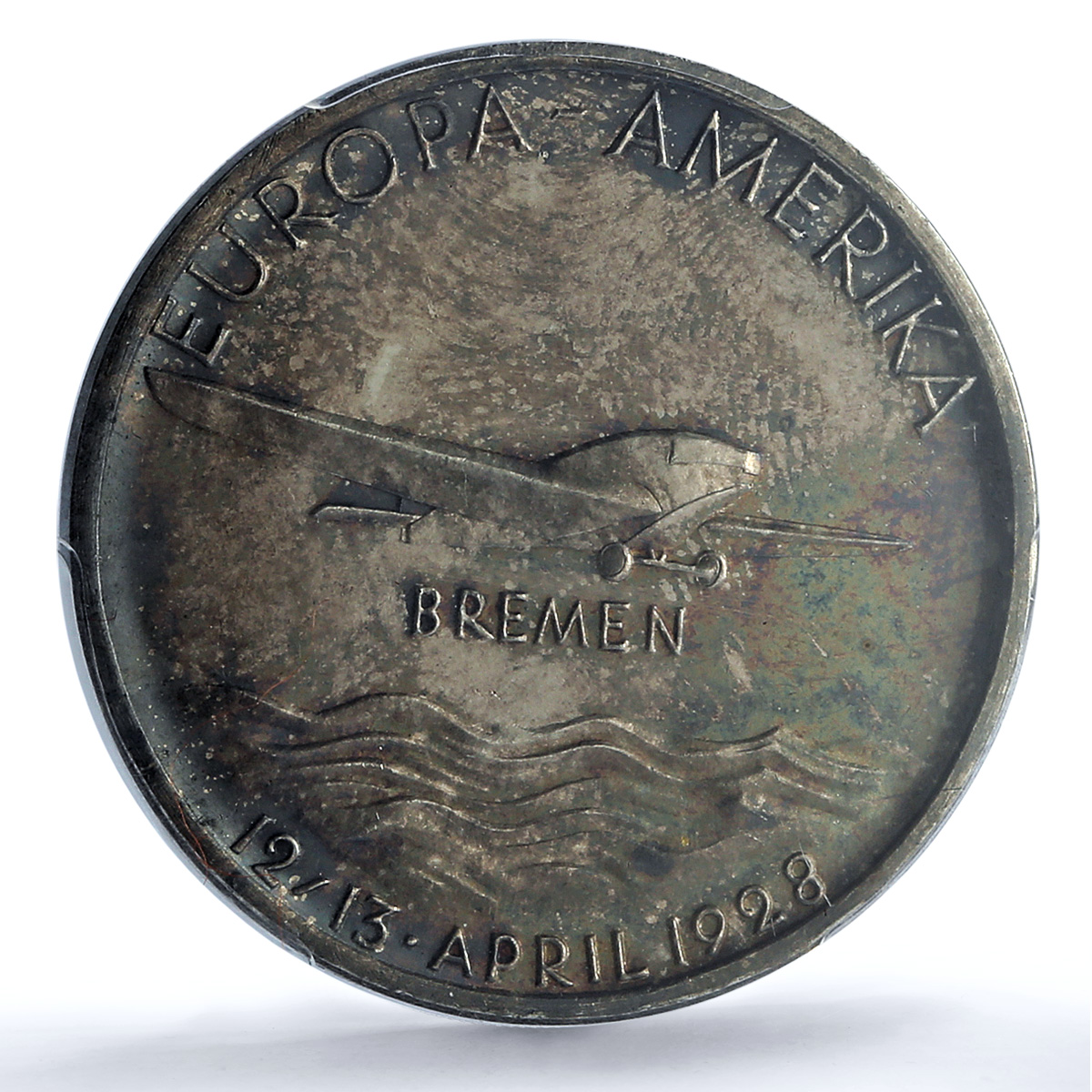 Germany Weimar Bremen Flight PREUSS Kaiser-939 Plane MS62 PCGS silver medal 1928