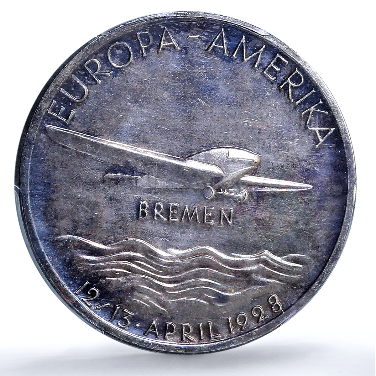 Germany Weimar Bremen Flight PREUSS Kaiser-939 Plane MS62 PCGS silver medal 1928