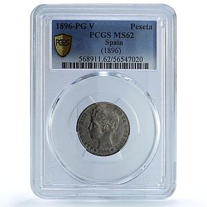 Spain 1 peseta Alfonso XIII KM-706 Calico-41 MS 62 PCGS silver coin 1896 PG V