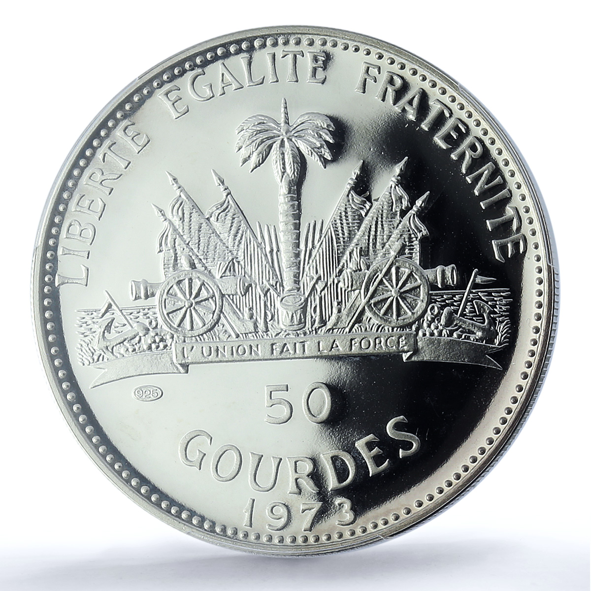 Haiti 50 gourdes Woman with Shell Mark Left KM-104.1 PR 69 PCGS silver coin 1973