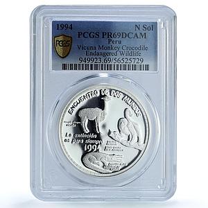 Peru 1 sol Protection Ibero-American Vicuna Monkey Crocodile PR69 PCGS coin 1994