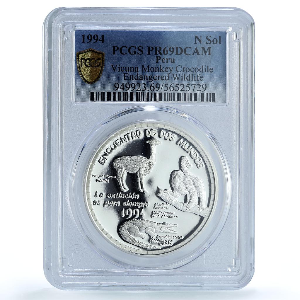 Peru 1 sol Protection Ibero-American Vicuna Monkey Crocodile PR69 PCGS coin 1994