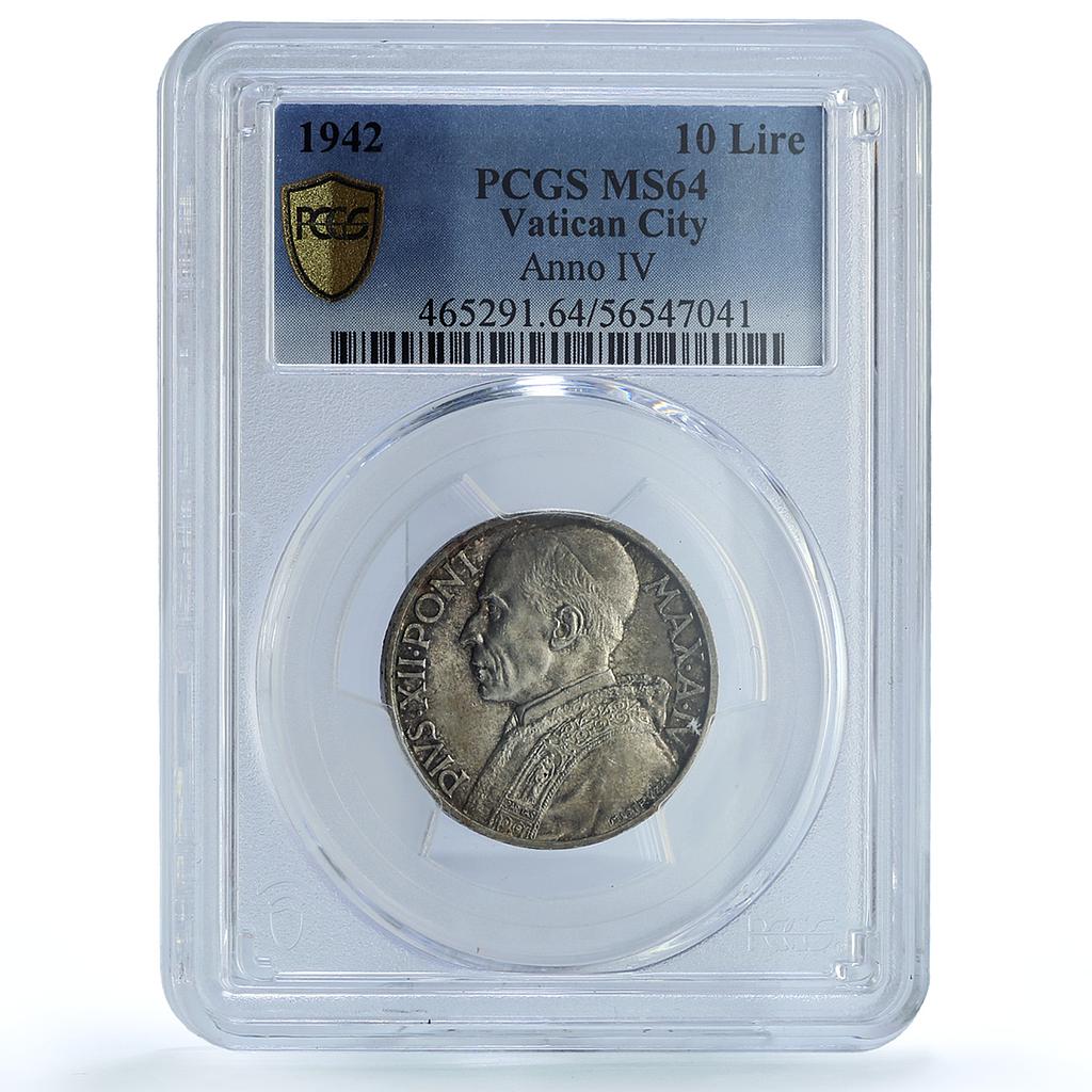Vatican 10 lire Pius XII KM-38 Bermann-3387 MS 64 PCGS silver coin 1942 Vatican 10 lire Pius XII KM-38 Bermann-3387 MS 64 PCGS silver coin 1942