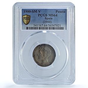 Spain 1 peseta Alfonso XIII KM-706 Calico-44 MS 64 PCGS silver coin 1900 SM V