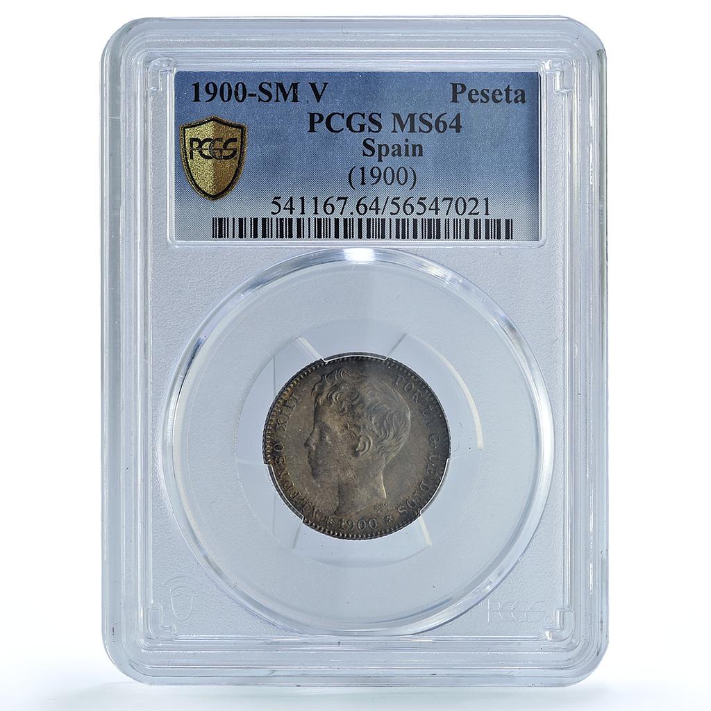 Spain 1 peseta Alfonso XIII KM-706 Calico-44 MS 64 PCGS silver coin 1900 SM V Spain 1 peseta Alfonso XIII KM-706 Calico-44 MS 64 PCGS silver coin 1900 SM V