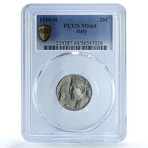 Italy 20 centesimi Victor Emmanuel III KM-44 MS 64 PCGS nickel coin 1910
