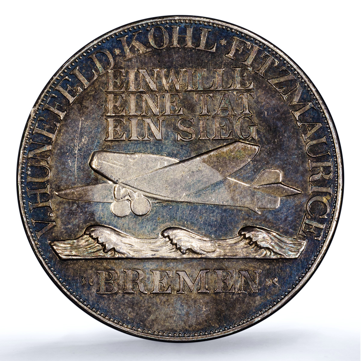 Germany Weimar Kohl Flight Bremen Kienast-935 Plane SP 62 PCGS silver medal 1928