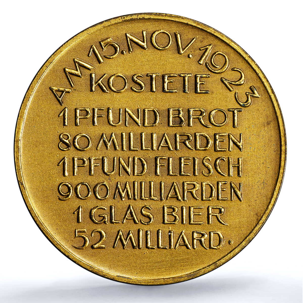 Germany Weimar Inflation 15 November MS 63 PCGS brass medal 1923 Germany Weimar Inflation 15 November MS 63 PCGS brass medal 1923