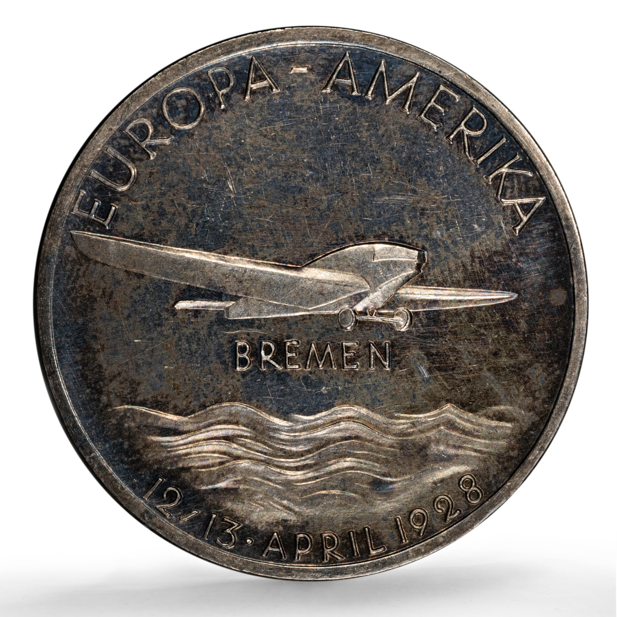 Germany Weimar Bremen Flight PREUSS Kaiser-939 Plane MS62 PCGS silver medal 1928