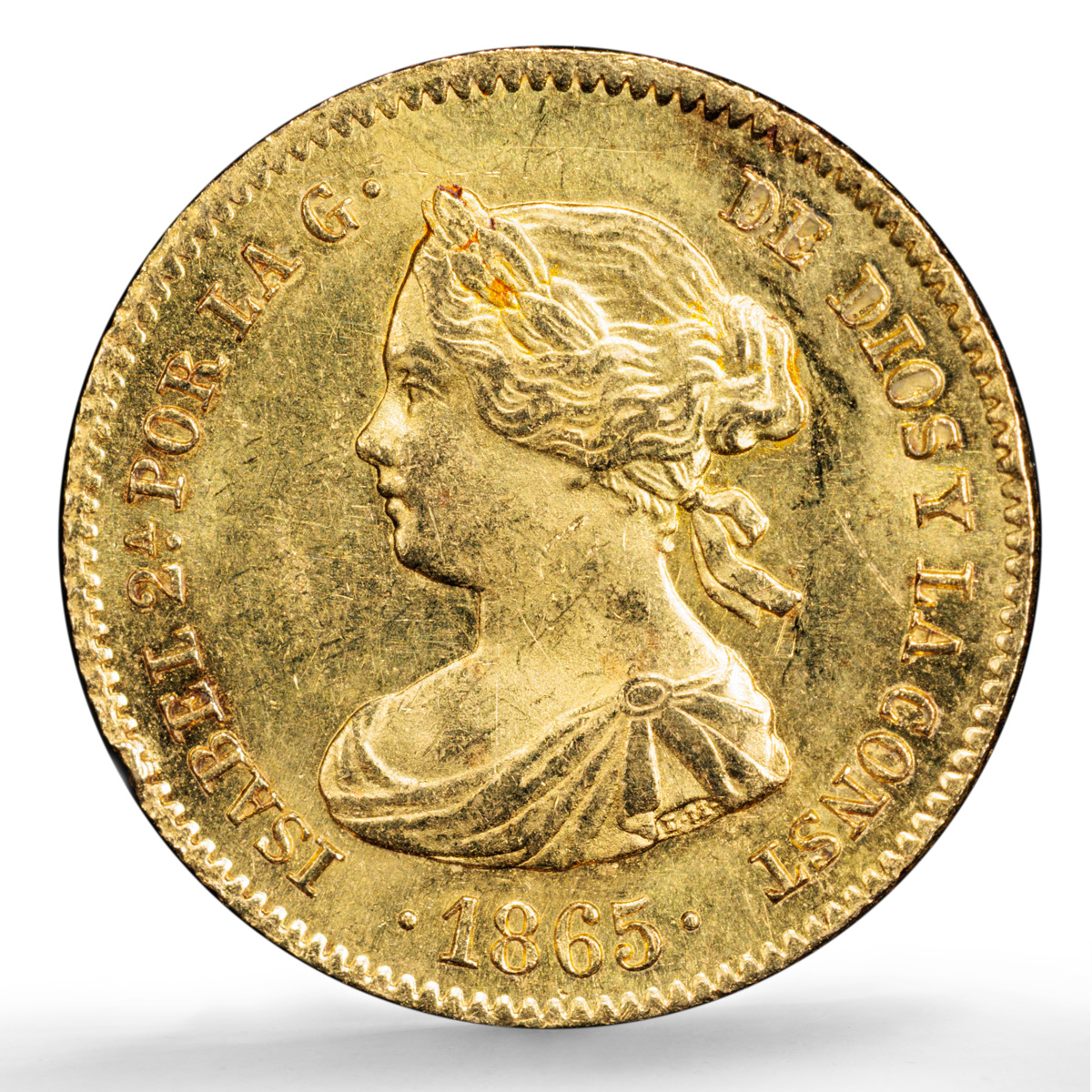 Spain 4 escudos Isabella II Madrid KM-631.1 Cal-108 MS 63 PCGS gold coin 1865