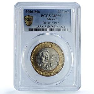 Mexico 20 pesos Republic KM-638 Millennium Paz MS 65 PCGS bimetal coin 2000