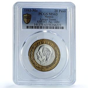 Mexico 20 pesos Republic Longer Stems KM-561 Hidalgo MS63 PCGS bimetal coin 1993