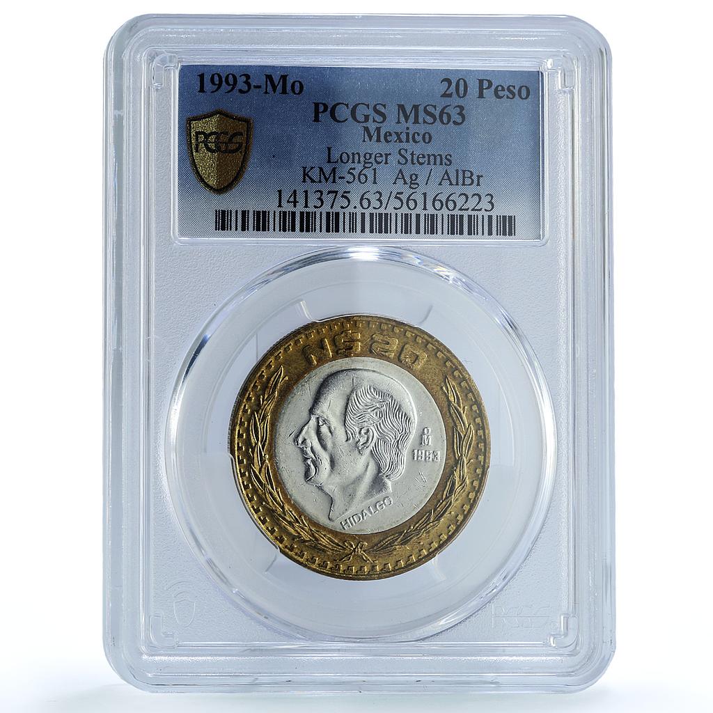 Mexico 20 pesos Republic Longer Stems KM-561 Hidalgo MS63 PCGS bimetal coin 1993 Mexico 20 pesos Republic Longer Stems KM-561 Hidalgo MS63 PCGS bimetal coin 1993