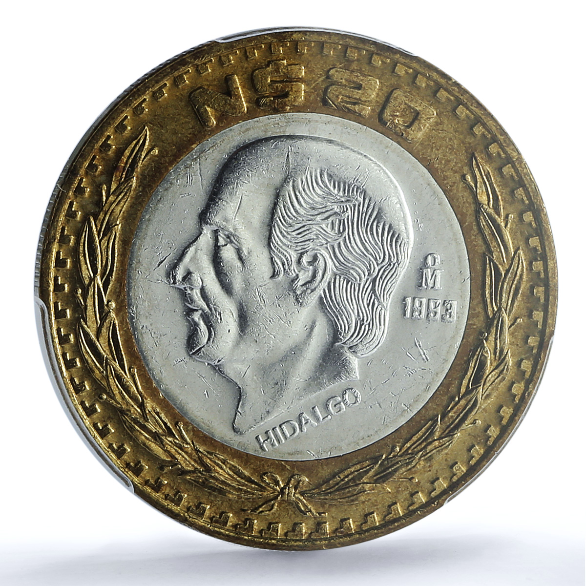 Mexico 20 pesos Republic Longer Stems KM-561 Hidalgo MS63 PCGS bimetal coin 1993 Mexico 20 pesos Republic Longer Stems KM-561 Hidalgo MS63 PCGS bimetal coin 1993