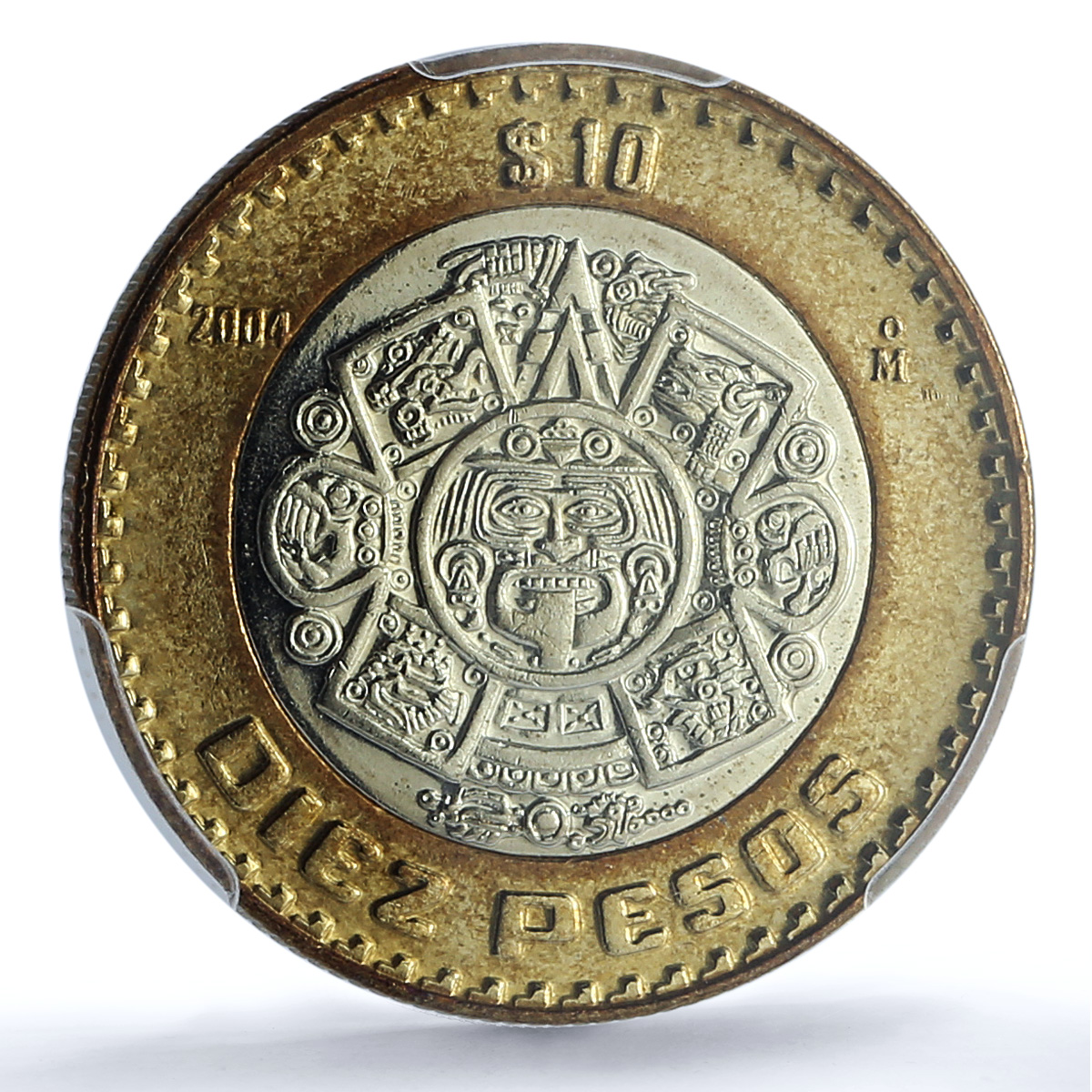 Mexico 10 pesos Republic KM-616 Aztec Sun MS 67 PCGS bimetal coin 2004 Mexico 10 pesos Republic KM-616 Aztec Sun MS 67 PCGS bimetal coin 2004