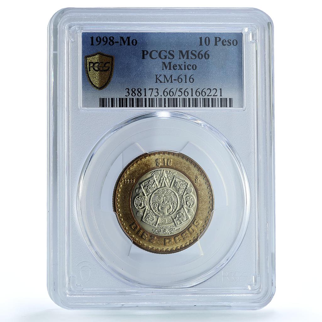 Mexico 10 pesos Republic KM-616 Aztec Sun MS 66 PCGS bimetal coin 1998 Mexico 10 pesos Republic KM-616 Aztec Sun MS 66 PCGS bimetal coin 1998