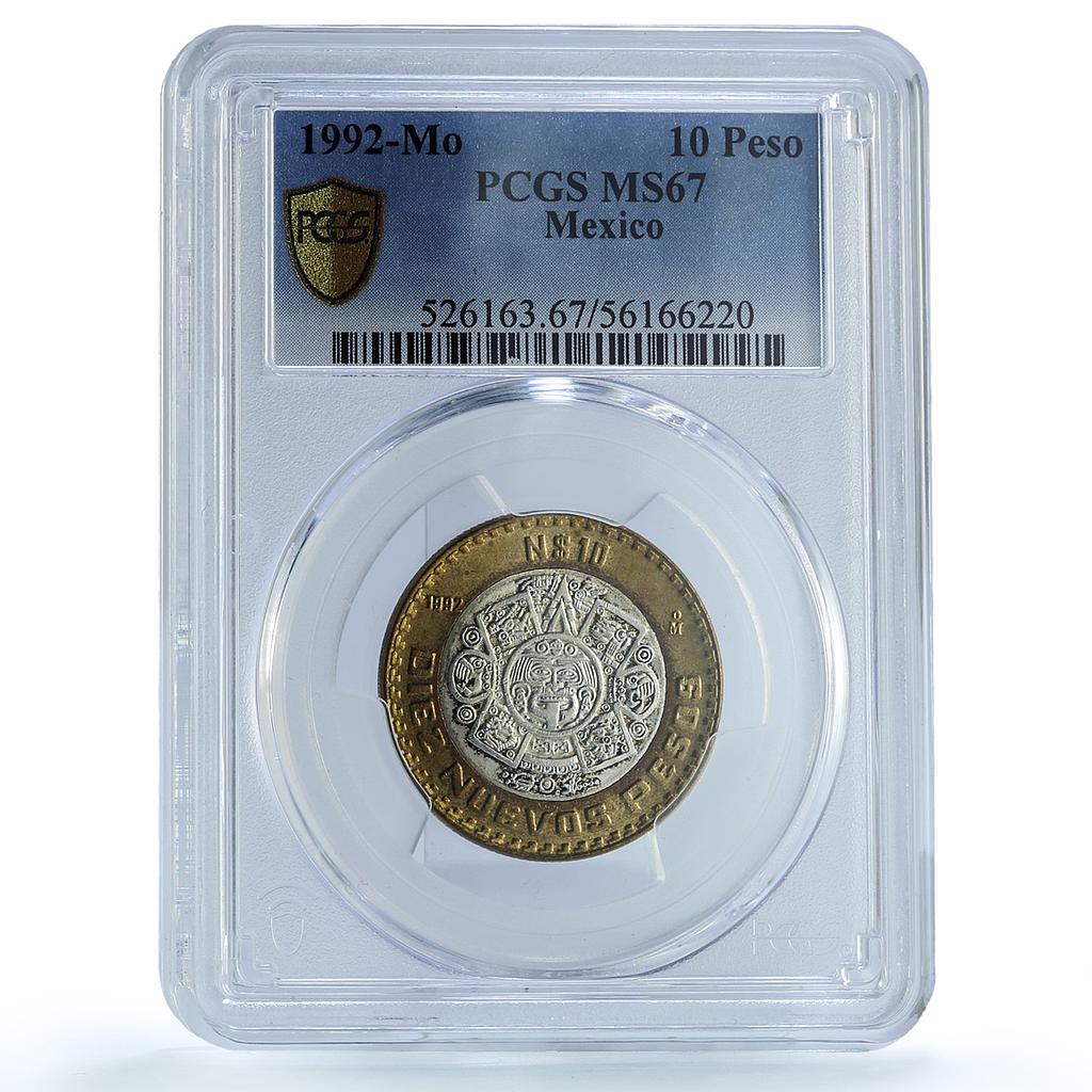 Mexico 10 pesos Republic KM-553 Aztec Sun MS 67 PCGS bimetal coin 1992 Mexico 10 pesos Republic KM-553 Aztec Sun MS 67 PCGS bimetal coin 1992