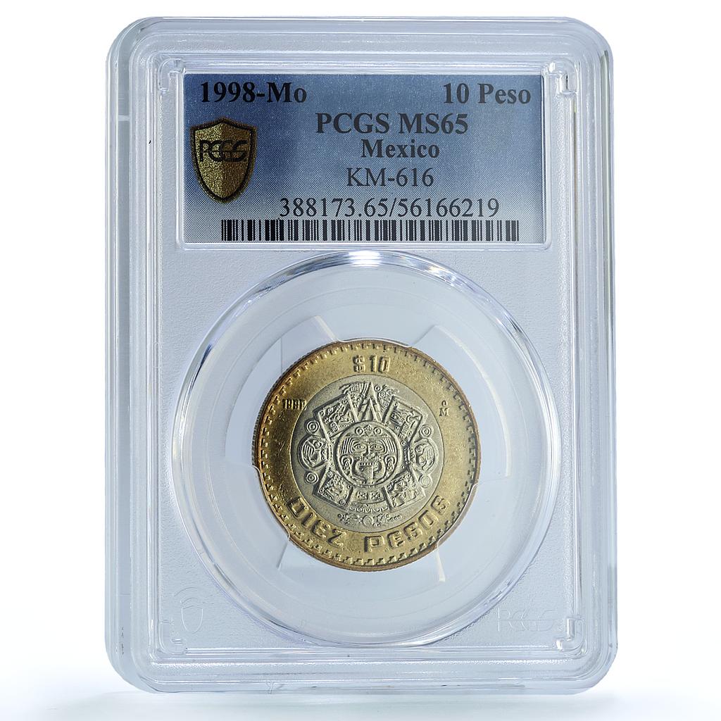 Mexico 10 pesos Republic KM-616 Aztec Sun MS 65 PCGS bimetal coin 1998 Mexico 10 pesos Republic KM-616 Aztec Sun MS 65 PCGS bimetal coin 1998