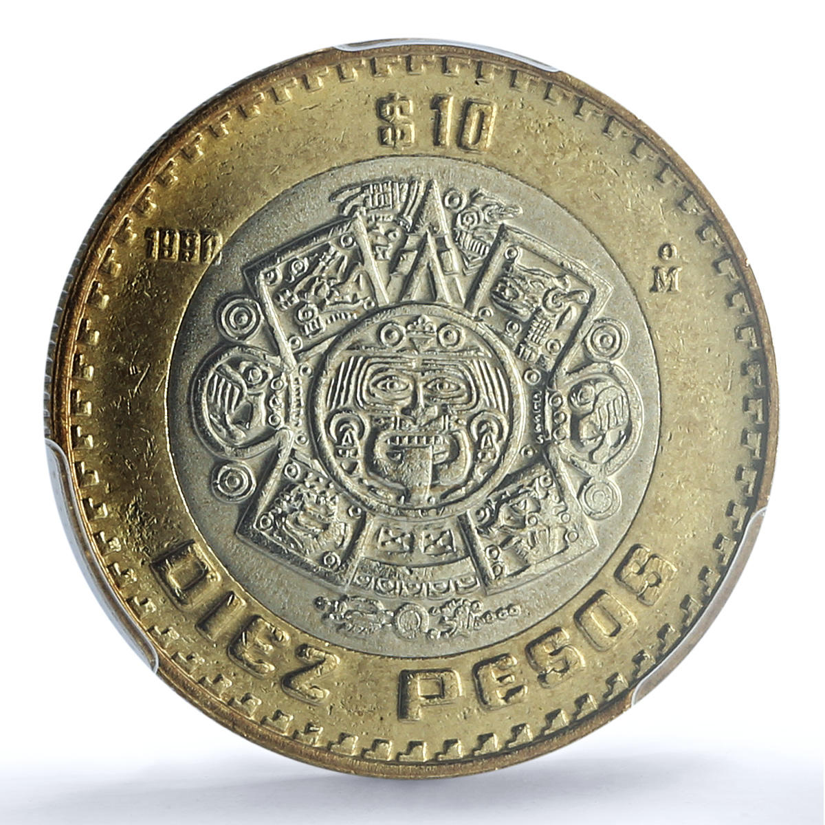 Mexico 10 pesos Republic KM-616 Aztec Sun MS 65 PCGS bimetal coin 1998 Mexico 10 pesos Republic KM-616 Aztec Sun MS 65 PCGS bimetal coin 1998