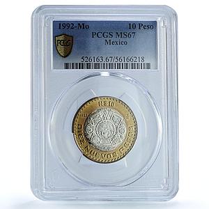 Mexico 10 pesos Republic KM-553 Aztec Sun MS 67 PCGS bimetal coin 1992