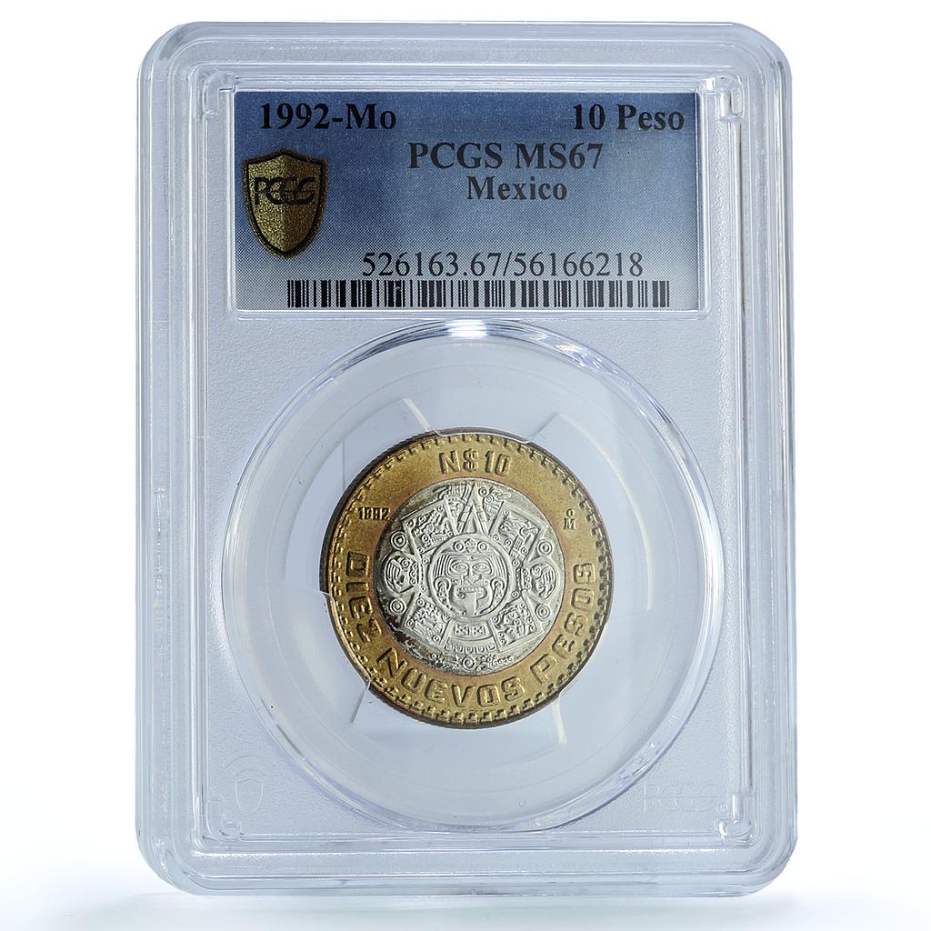 Mexico 10 pesos Republic KM-553 Aztec Sun MS 67 PCGS bimetal coin 1992 Mexico 10 pesos Republic KM-553 Aztec Sun MS 67 PCGS bimetal coin 1992