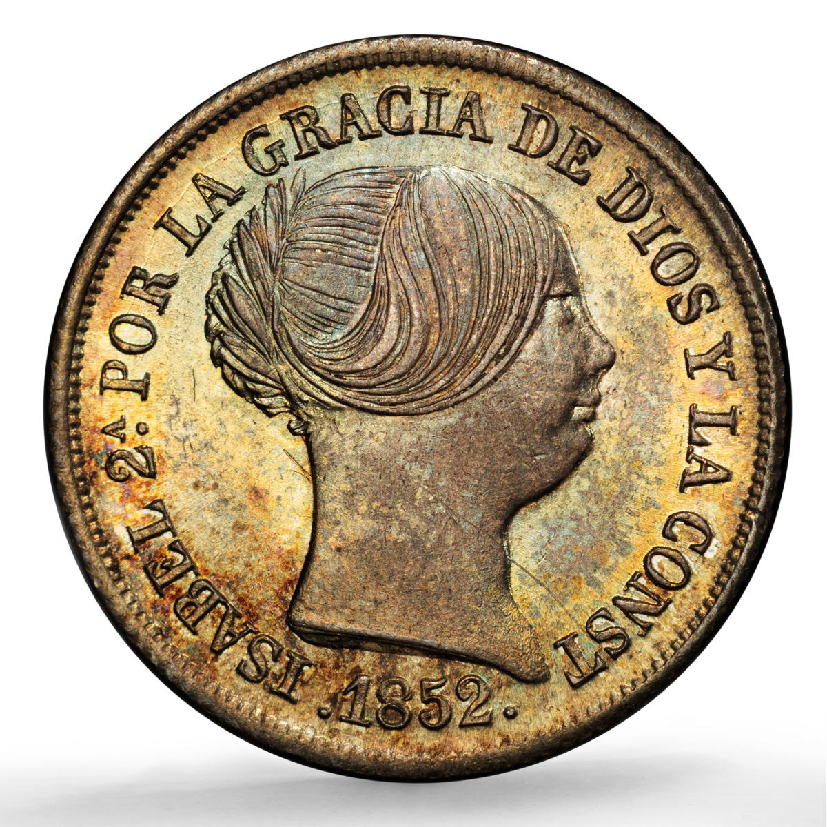 Spain 2 reales Isabella II Madrid KM-599.2 Cal-363 MS 65 PCGS silver coin 1852 Spain 2 reales Isabella II Madrid KM-599.2 Cal-363 MS 65 PCGS silver coin 1852