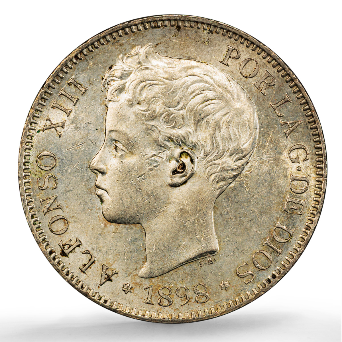 Spain 5 pesetas Alfonso XIII KM-707 Cal-27 Clean UNC PCGS silver coin 1898 SG V Spain 5 pesetas Alfonso XIII KM-707 Cal-27 Clean UNC PCGS silver coin 1898 SG V