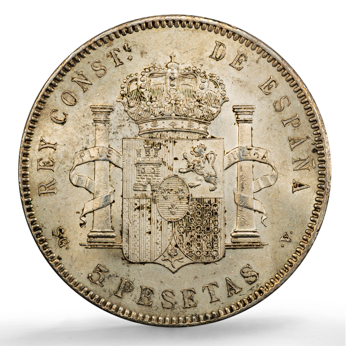 Spain 5 pesetas Alfonso XIII KM-707 Cal-27 Clean UNC PCGS silver coin 1898 SG V Spain 5 pesetas Alfonso XIII KM-707 Cal-27 Clean UNC PCGS silver coin 1898 SG V