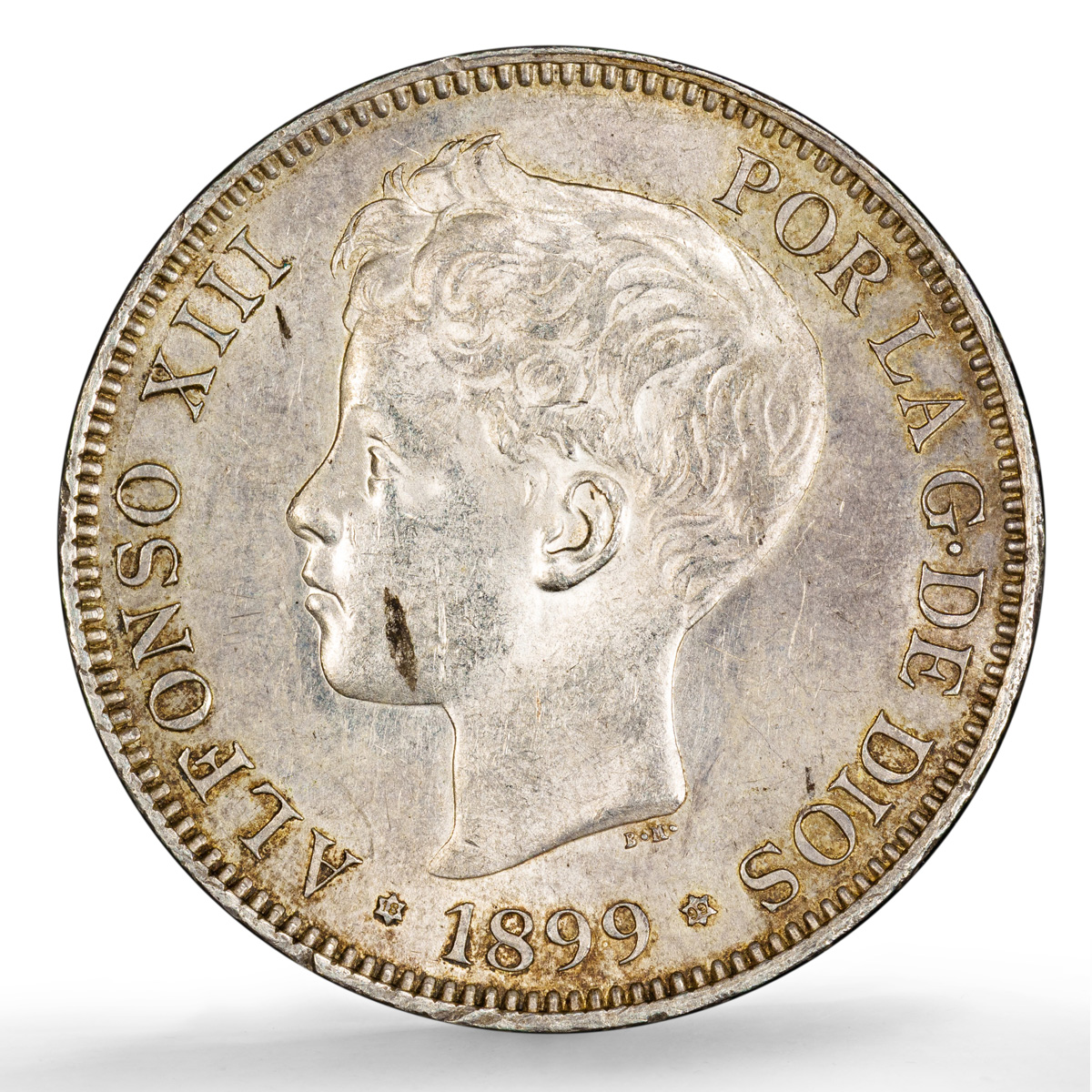 Spain 5 pesetas Alfonso XIII KM-707 Cal-28 AU 58 PCGS silver coin 1899 SG V