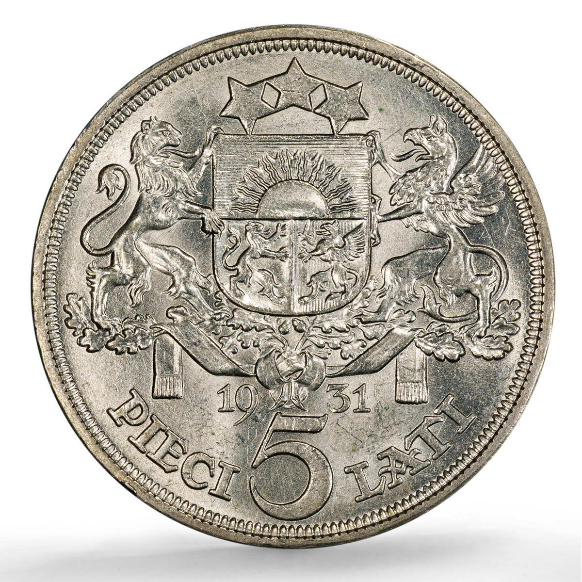 Latvia 5 lati Republic KM-9 Maiden MS 62 PCGS silver coin 1931