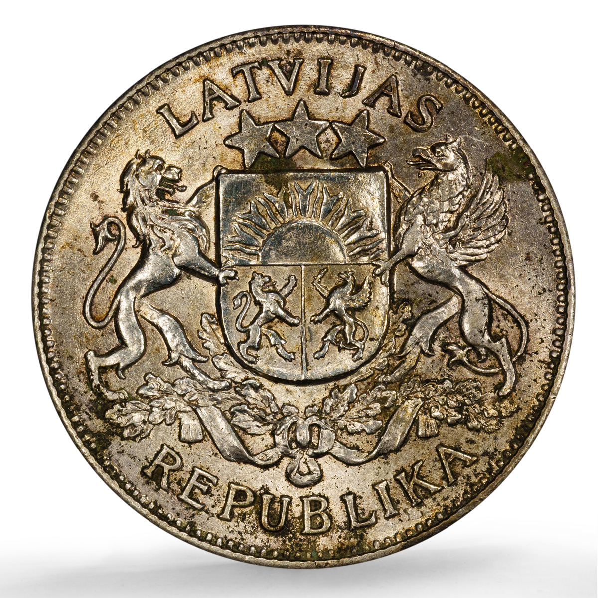 Latvia 2 lati Republic KM-8 Schon-8 Arms AU 58 PCGS silver coin 1925
