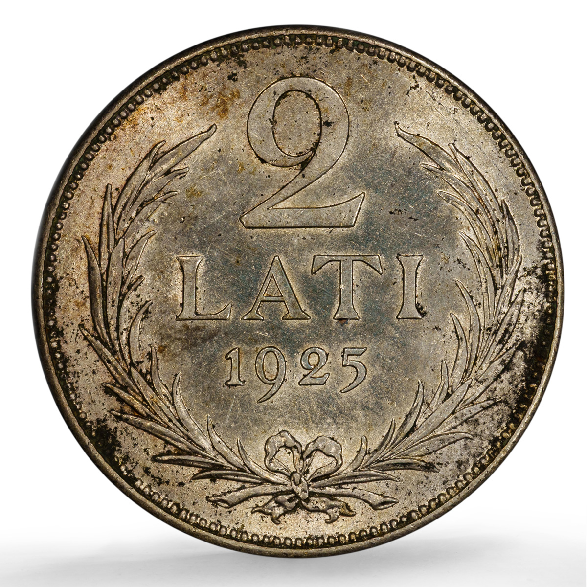 Latvia 2 lati Republic KM-8 Schon-8 Arms AU 58 PCGS silver coin 1925