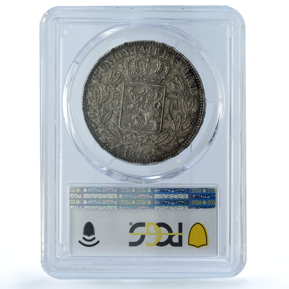 Belgium 5 francs King Leopold II Position A KM-24 AU53 PCGS silver coin 1873
