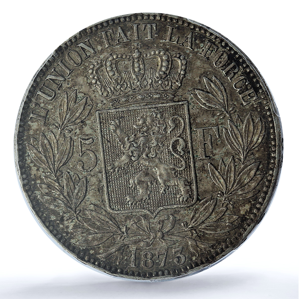 Belgium 5 francs King Leopold II Position A KM-24 AU53 PCGS silver coin 1873
