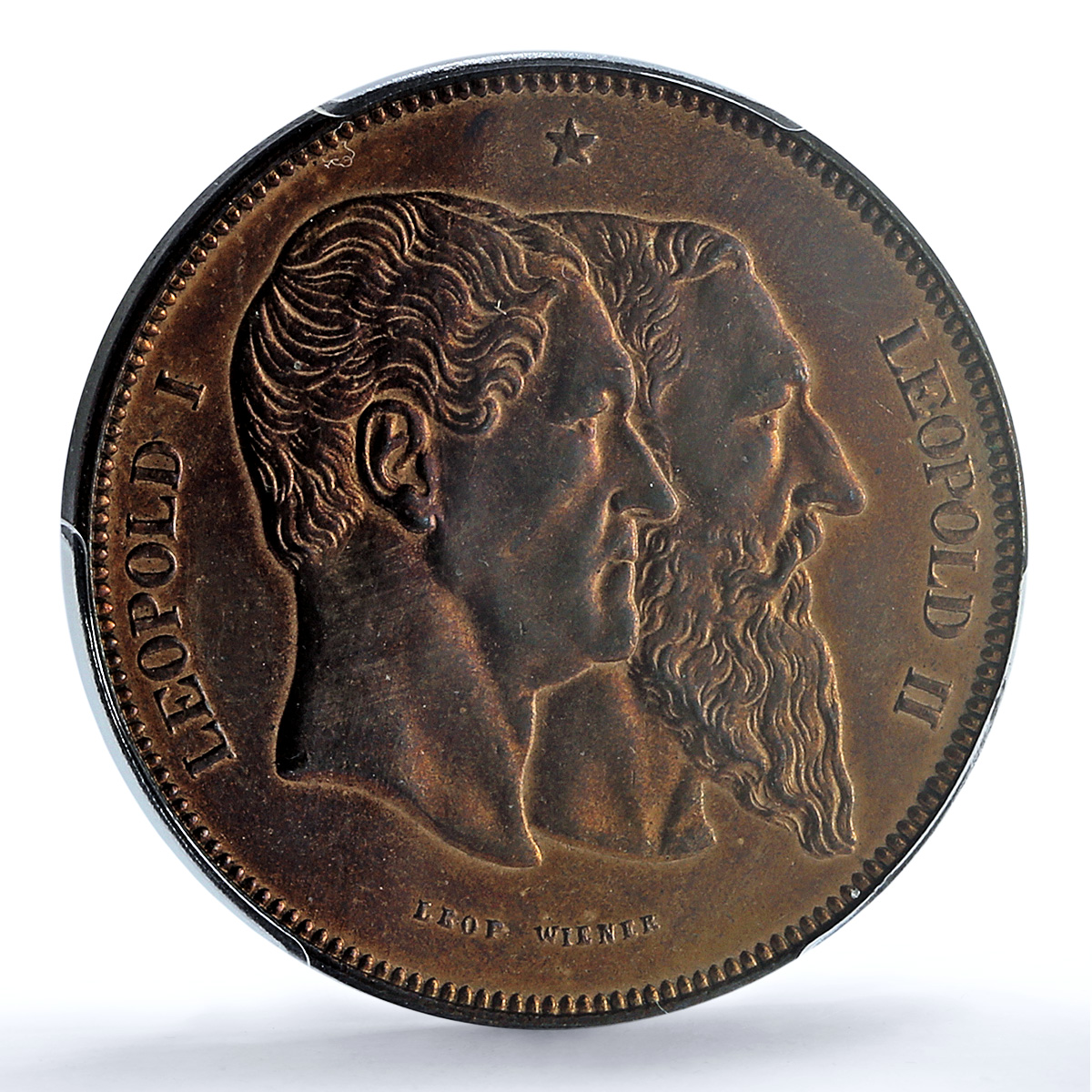 Belgium 5 francs Leopold I II 50 Years History KM-8a UNC PCGS copper coin 1880