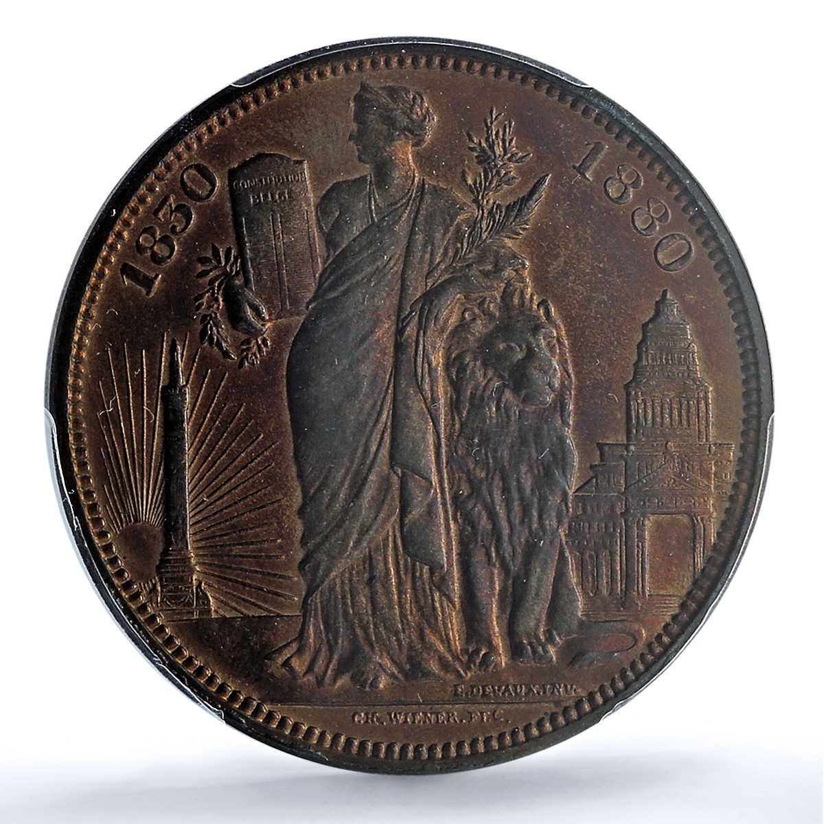 Belgium 5 francs Leopold I II 50 Years History KM-8a UNC PCGS copper coin 1880