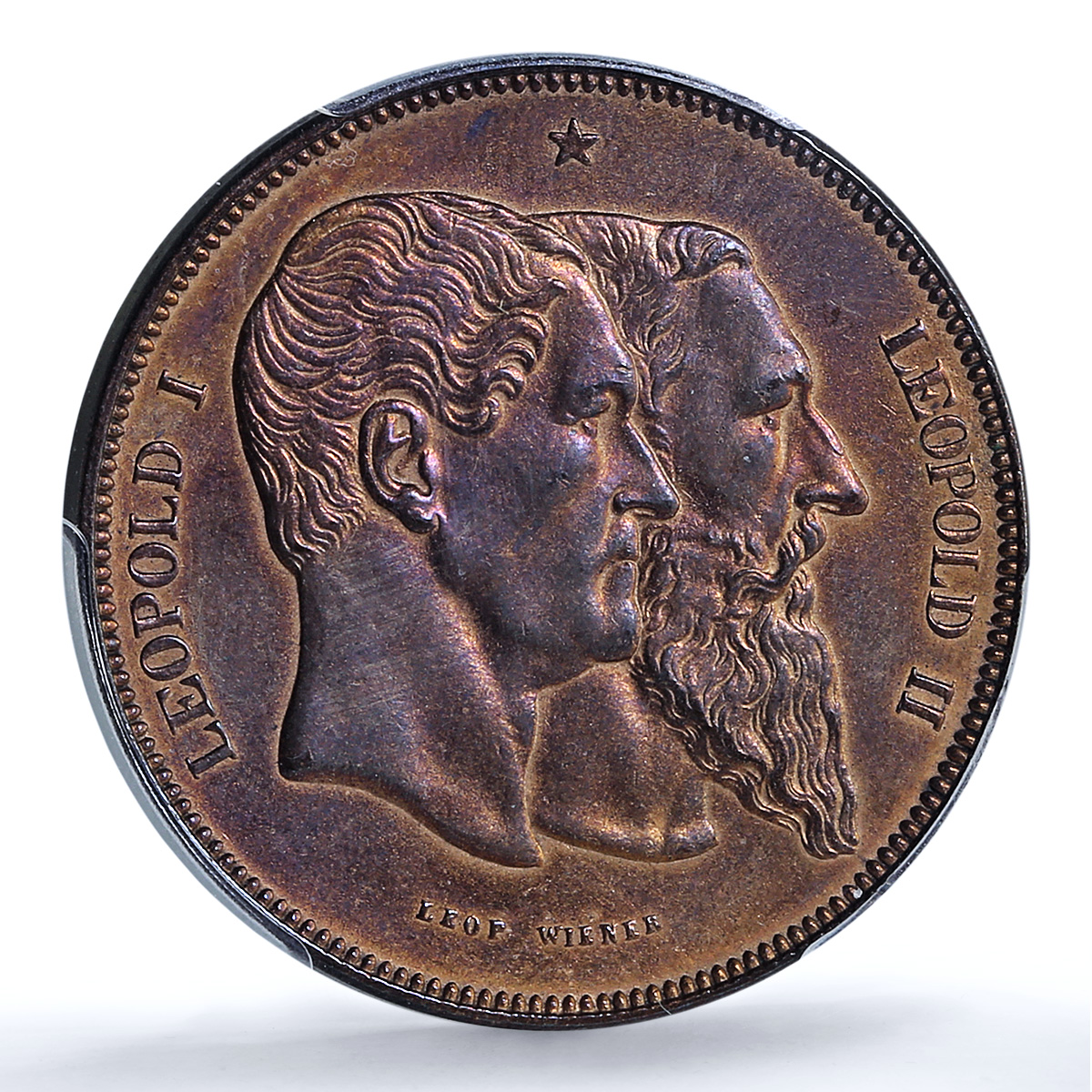 Belgium 5 francs Leopold I II 50 Years History KM-8a UNC PCGS copper coin 1880