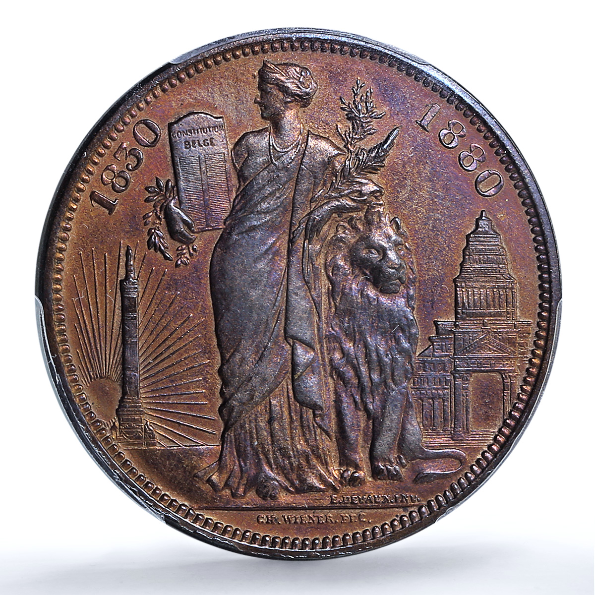 Belgium 5 francs Leopold I II 50 Years History KM-8a UNC PCGS copper coin 1880