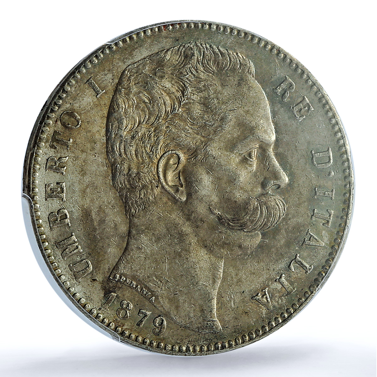 Italy 5 lire Umberto I Coinage KM-20 AU 58 PCGS silver coin 1879