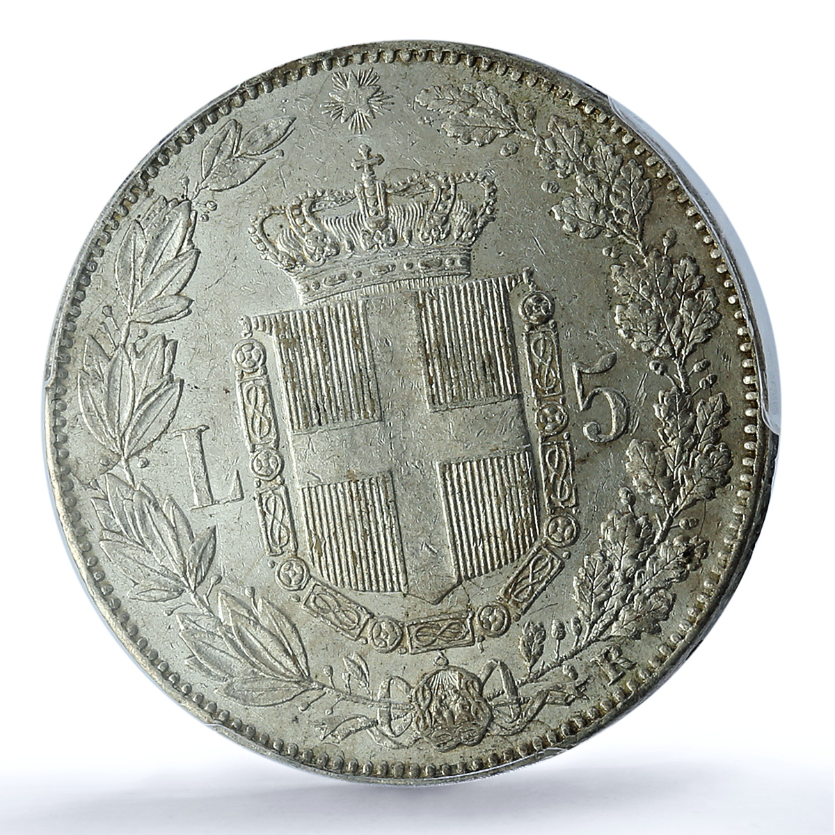 Italy 5 lire Umberto I Coinage KM-20 AU 58 PCGS silver coin 1879