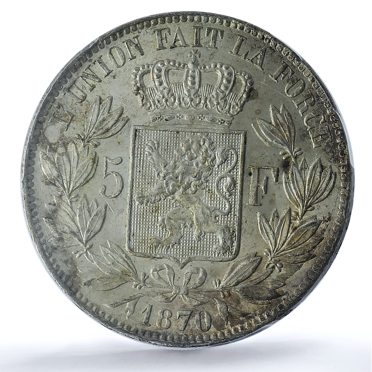 Belgium 5 francs King Leopold II Coinage KM-24 MS62 PCGS silver coin 1870
