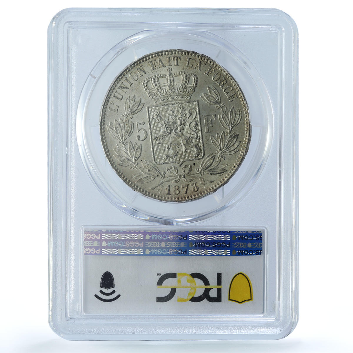 Belgium 5 francs King Leopold II Position A KM-24 MS62 PCGS silver coin 1873