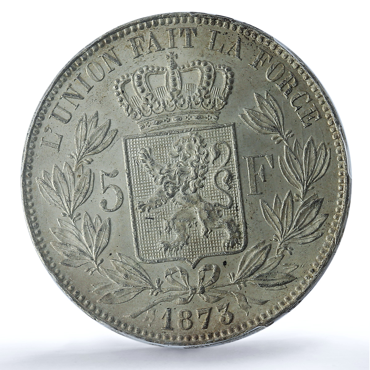 Belgium 5 francs King Leopold II Position A KM-24 MS62 PCGS silver coin 1873