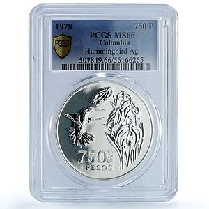 Colombia 750 pesos Hummingbird KM-265 Wildlife Fauna MS 66 PCGS silver coin 1978