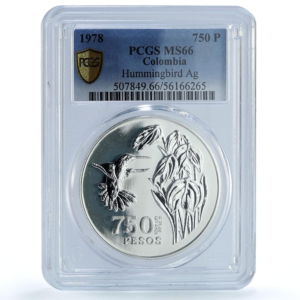 Colombia 750 pesos Hummingbird KM-265 Wildlife Fauna MS 66 PCGS silver coin 1978 Colombia 750 pesos Hummingbird KM-265 Wildlife Fauna MS 66 PCGS silver coin 1978