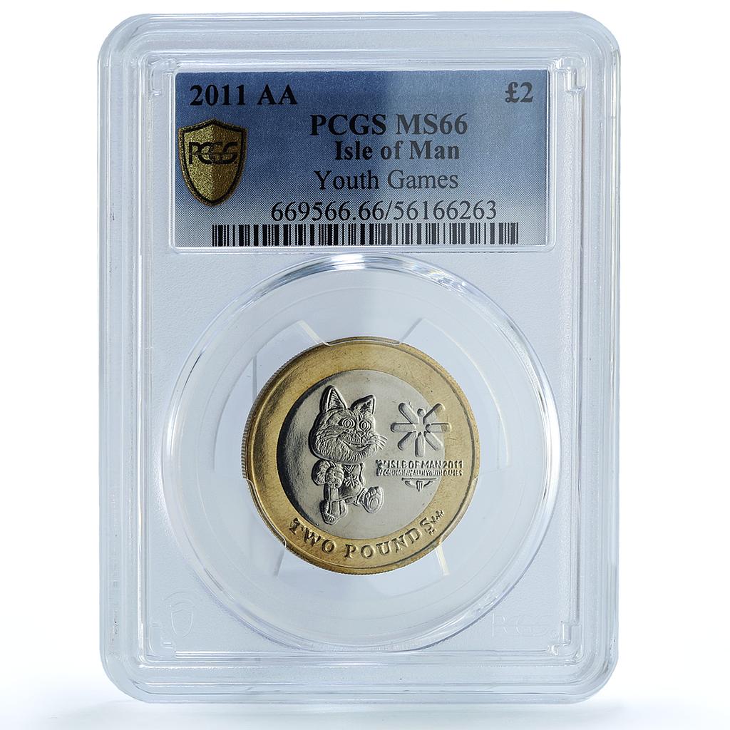 Isle of Man 2 pounds Youth Games KM-1476 Sports Cat MS 66 PCGS bimetal coin 2011