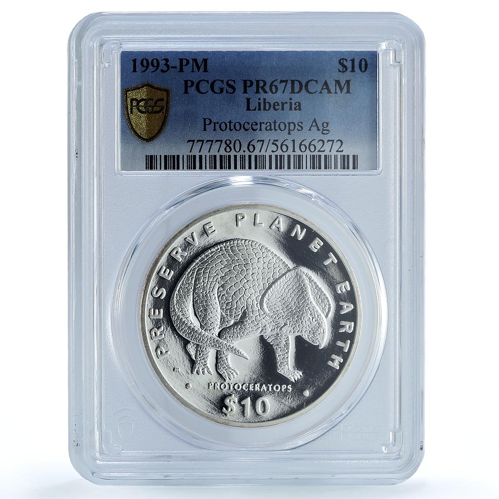 Liberia 10 dollars Protoceraptors KM-99 Dinosaurs PR 67 PCGS silver coin 1993